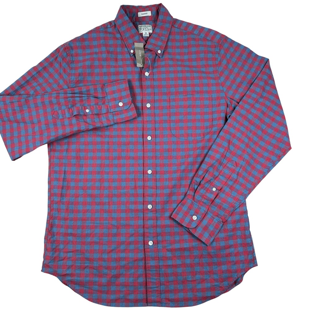 J. Crew Button Down Shirt Mens M Red Blue Gingham Secret Wash Preppy Classic New